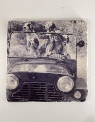 Glasunderlägg - B Bardot i bil med hundar 